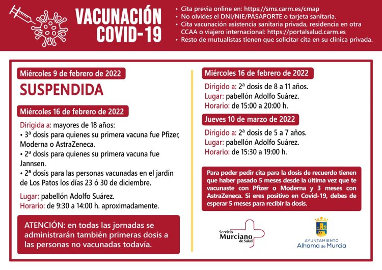 Ayuntamiento de Alhama: SUSPENDIDA la jornada de vacunación contra la Covid-19 de este miércoles 9 de febrero.