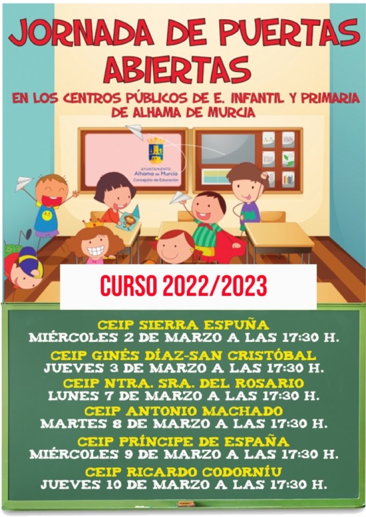 Jornadas de puertas abiertas en los colegios públicos de Alhama para el curso 2022-2023: del 2 al 10 de marzo.