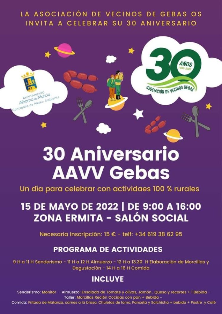 La Asociación de Vecinos de Gebas celebra su 30 aniversario con un día lleno de actividades. Será el domingo 15 de mayo de 9:00 a 16:00 h. en la zona de la ermita, salón social.