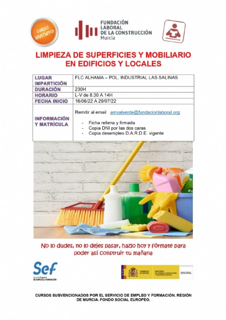 Curso gratuito de limpieza de superficies y mobiliario en edificios y locales