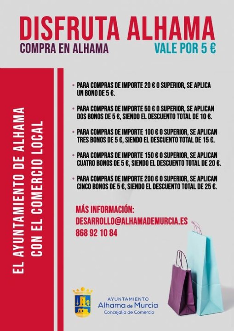 ALHAMA: 56 comercios participan en la campaña de bonos descuento ¡Disfruta Alhama!, organizada por la concejalía de Comercio, que da comienzo desde hoy jueves 13 de octubre y en la que se aplicarán los siguientes descuentos: